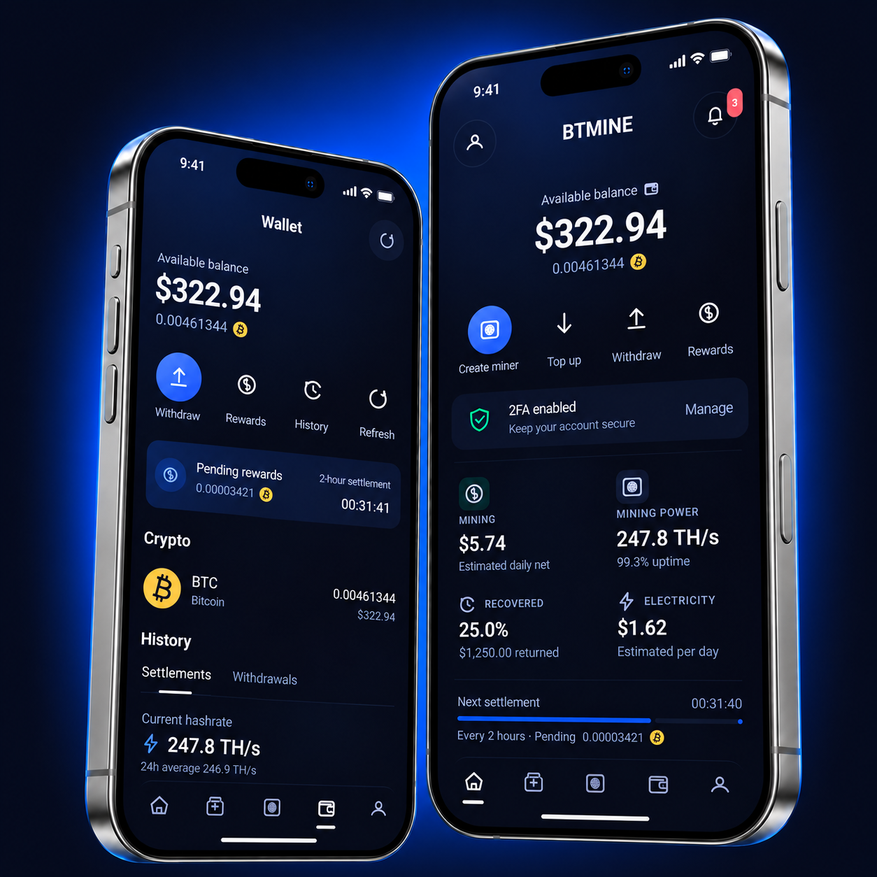 BTMINE Home and Wallet app previews displayed on two titanium iPhone mockups