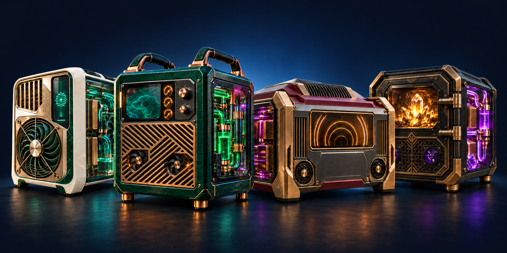 Four BTMINE collectible miners in ivory, emerald, bronze and violet