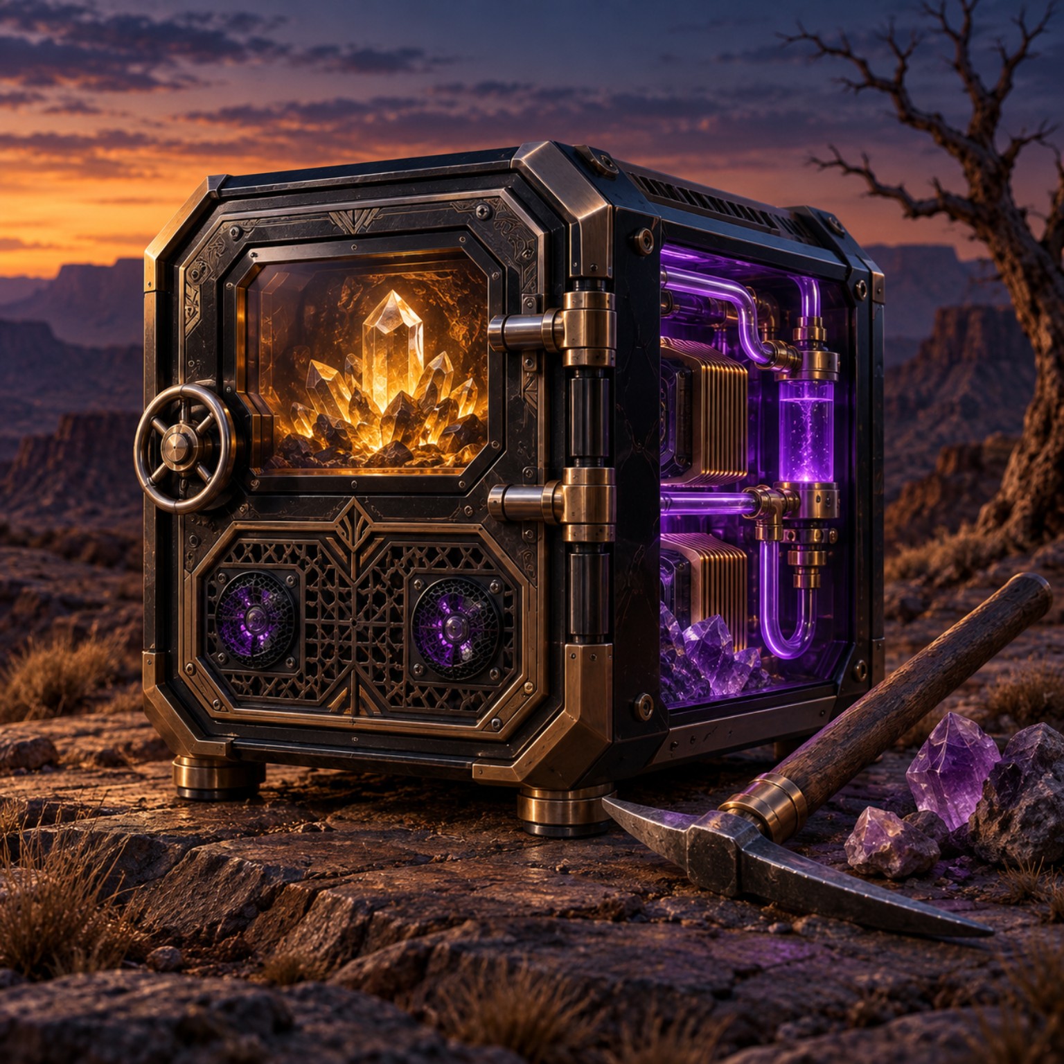 Bronze miner vault with amber crystals and purple cooling in a desert sunset